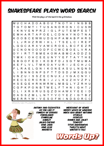 Shakespeare Plays Word Search - Free Printable PDF