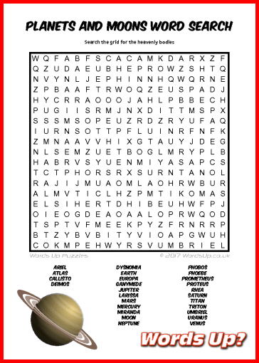 Planets and Moons Word Search - Free Printable PDF