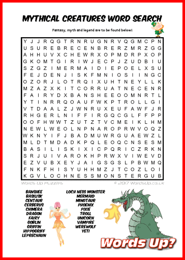 Mythical Creatures Word Search - Free Printable PDF