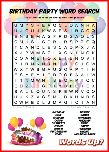Birthday Party Word Search - Free Printable PDF