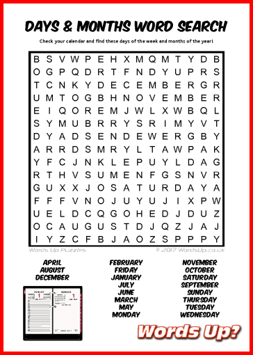Days and Months Word Search - Free Printable PDF