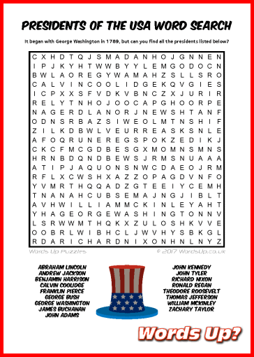 Presidents of the USA Word Search - Free Printable PDF