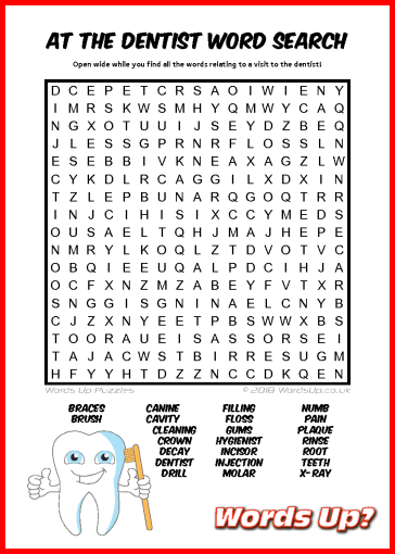 At the Dentist Word Search - Free Printable PDF