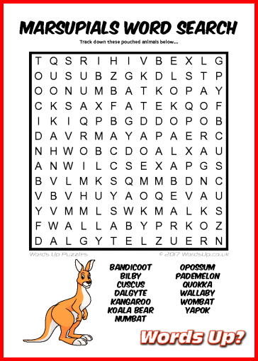 Marsupials Word Search - Free Printable PDF