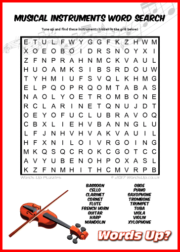 difícil de complacer Levántate Ru Words Up? Musical Instruments Word Search